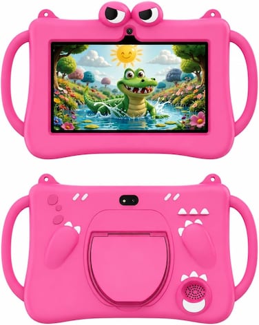 Telzeal P604 Kids Tablet 7 Inch HD Display, 6GB RAM 256GB ROM, Android 13, 3000mAh Battery, 5G WiFi, Dual Camera, Shockproof Protective Case with Handle (Pink)