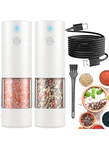 NALACAL 1 Pack USB Rechargeable Electric Salt and Pepper Grinder with Warm LED Light - Adjustable Coarseness, Large Capacity, Automatic Pepper Mill for Kitchen, Restaurant, Outdoor Use, White