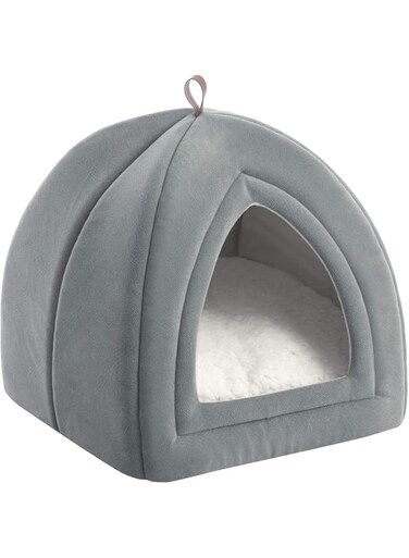OFRANK Cat Bed for Indoor Cats, Cat Houses, Small Pet Igloo - 35 centimeters 2-in-1 Cat Tent, Kitten Bed, Cat Hut, Cat Cave with Removable Washable Cushioned Pillow, Outdoor Dog Tent Beds (Light Grey)