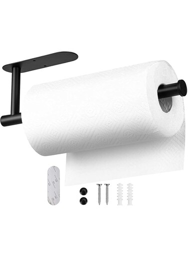 KASTWAVE Wall-Mounted Paper Towel Holder - Versatile 13" Kitchen &amp; Bathroom Organizer, Drilling or Self-Adhesive Installation, Sleek Black Design for Cabinets &amp; Walls
