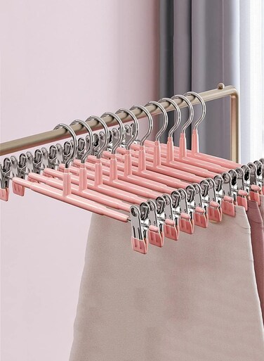Pack 12 Inch Heavy Duty Pants Hangers with Clips, Metal, Pink, Non Slip, Space Saving, Adult, Men, Children, Kid, Baby Pink/Silver