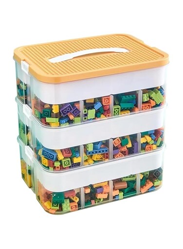 Cube Toy Storage Organizer Bins with Lid for Lego,3 Layers Stackable Plastic Organizer Box Child Toy Containers w/Bricks Baseplate Lids Craft Box for Building Blocks Puzzle Board Game Chest (yellow)