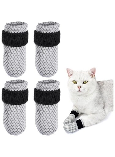 Anti- Scratch Boots Cat Shoes,4Pcs Boots Nail Cover Precaution Scratch Gloves Cat Paw,Soft Mesh, Adjustable, Protector Pet Grooming Scratching Booties for Home Bathing (Gray(M))