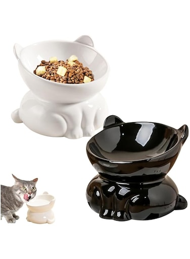 2 Pcs Elevated Cat Food Bowl, Ceramic Raised Cat Bowls, Anti Vomit Cat Food Bowl, Cat Feeding Bowl Neck Protective Bowl, 14&deg; Tilted Raised Cat Feeder