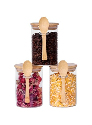 SKY-TOUCH 3Pcs Glass Jars with Bamboo Lids &amp; Spoons : 550ml Airtight Glass Spice Jars Clear Sugar Container Food Storage Containers for Coffee Beans Spice Sugar Tea Nuts Candy Salts