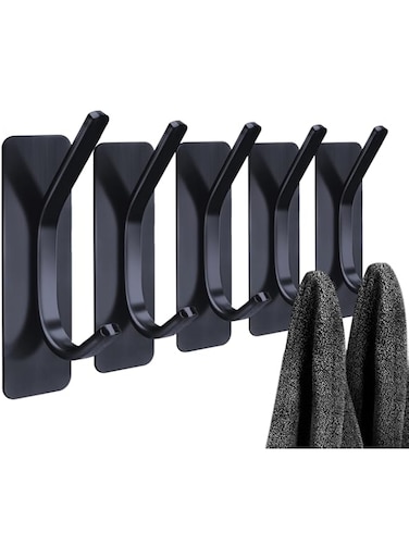 Oasisgalore Adhesive Towel Hook,5 Pack Adhesive Wall Hooks,Stick on Wall Hooks for Hanging Robe Coat,Metal Adhesive Hooks Heavy Duty,Stainless Steel Bath Towel Hooks for Bathrooms Kitchen,Matte Black