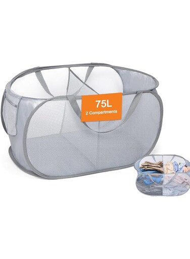 Foldable Laundry Basket with 2 Compartments &amp; Storage Pocket, Collapsible Pop-Up Hamper for Clothes Sorting, Travel, Dorm, Kids Room, Grey