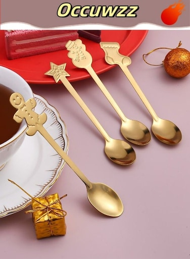 Stainless Steel Dessert/Coffee Spoons, Creative Pendant Design Includes Snowman, Gingerbread, Socks, Star Patterns, Suitable For Parties, Back To School, Gatherings