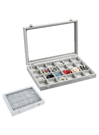 Beauenty Jewelry Organizer Tray, 24 Grid Velvet Jewelry Storage Case with Clear Glass Lid, Display Trays Drawer for Earring Necklace Rings (style 1)