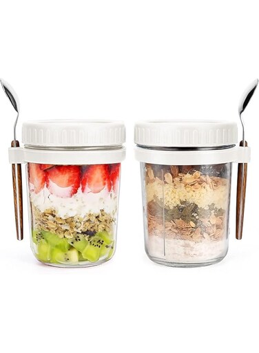 ideagala 2PCS 350ml Large Capacity Airtight Oatmeal Container with Measurement Marks for Breakfast Oatmeal Yogurt Cereal Milk Fruit &amp; Vegetable Salad Leak-Proof Glass Storage Jars (2)