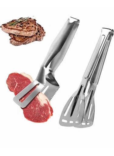 2PCS 304 Stainless Steel Cooking Tongs Clip With Tooth, Multifunctional Spatula Pliers Frying Tongs Spatula Tongs Steak Clamps Set for Steak Fish Bread Hamburger BBQ Frying Pancake Egg Pizza