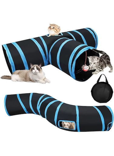 Tazweeq Collapsible Cat Tunnel, Cat Tunnel Indoor Cat Pet Rabbit Play Tunnel 3 Ways + Small Kitty Rabbit Hideout Fold Play Tunnel - 2 Pack (Black)