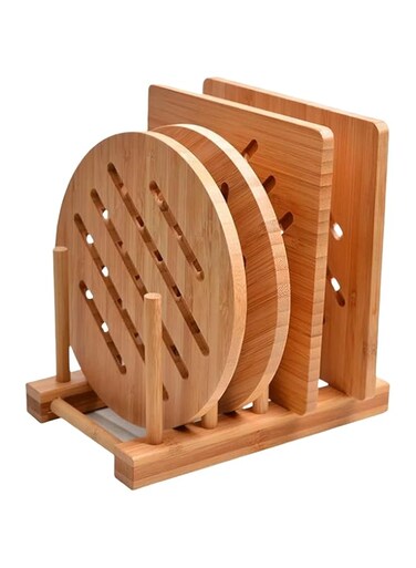THE WHITE SHOP Bamboo Trivet Kitchen Bamboo Hot Pads Trivet Natural Bamboo Trivet Mat Set for Hot Dishes/Pot/Bowl/Teapot/Hot Pot Holders 2 Square 2 Roundness 1 Storage Rack
