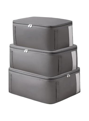 Large Capacity Clothes Storage Bag Organizer With Reinforced Handles,Thick Fabric for Comforters, Blankets, Bedding, Foldable with Sturdy Zipper,3 Pack,Grey