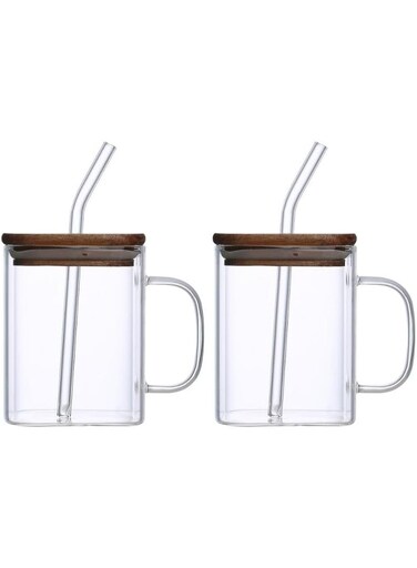 Neoflam 2Pcs Borosilicate Glass Mug Set with Wooden Lid &amp; Reusable Straw, Heat-Resistant Expresso Coffee Mugs Tea Set, Clear Mugs with Straw Hot &amp; Cold Beverage Cups (Clear, 480, Milliliters)