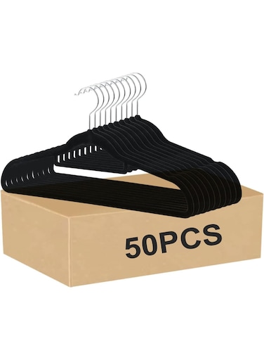 50 Pack New Premium Quality Velvet Black Hangers Ultra Thin Non Slip Adult Felt Space Saving Hangers for Closet Heavy Duty Coat Pants Jackets Dress Hangers 360&Acirc;&deg; Swivel Hook Hold Upto 10 lbs