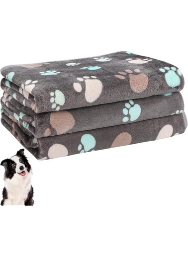 Xspring Pet Blankets, 3PCS Waterproof Cat Blanket with Cute Grey Paw Pattern, Dog Blankets Long Lasting and Easy to Clean, Fuzzy Soft Pet Blankets for Cats, Puppy, Small Medium Large Dog (76x52cm)