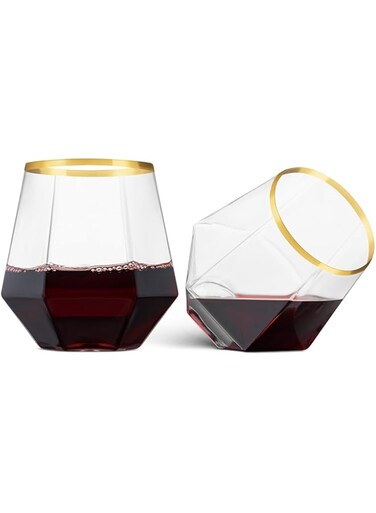 cuspitum 5 Pack Gold Rim Plastic Stemless Wine Glasses - Diamond Shaped Unbreakable Disposable 12 Oz Clear Plastic Wine Champagne Whiskey Cups, Shatterproof Recyclable and BPA-Free