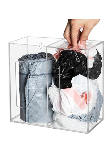 Grocery Bag Holder &amp; Trash Bag Roll Dispenser Clear, 2 in 1 Wall Mount Acrylic Kitchen Organizer Storage Box for 13-33 Gallon Garbage Bag Large Plastic Bag