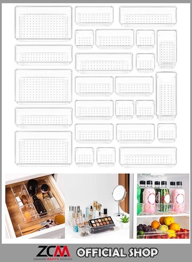 25 piece Clear Plastic Drawer Organizer Tray, Drawer Dividers Storage Bins For Bathroom, Vanity &amp; Accessories Storage, Small &amp; Large Plastic Containers For Makeup, Kitchen &amp; Utensils.