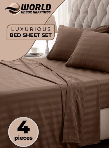 4-Piece Luxury King Size Brown Striped Bedding Set Includes 1 Duvet Cover (220x240cm), 1 Fitted Bed Sheet (200x200+30cm), and 2 Pillow Cases (48x74+5cm) for Ultimate Hotel-Inspired Sophistication