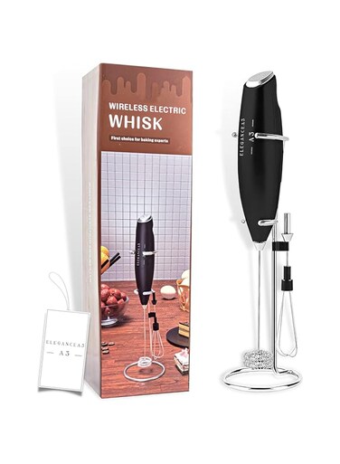 EleganceA3 Original Egg Beater, Milk Frother, Electric Stainless Steel Whisk Drink Mixer for Coffee, Plastic Handheld Coffee Milk Frother for Chocolate Drink (Black - 25cm)