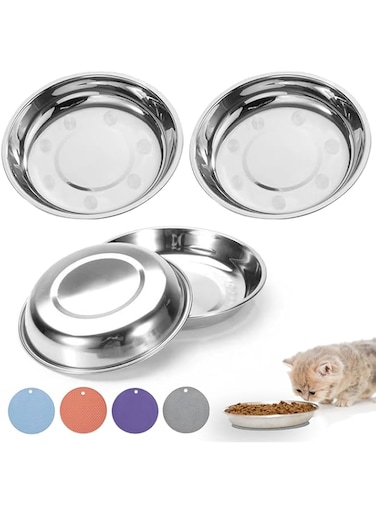 RMNHPTK Shallow Cat Food Bowls, Stainless Steel Cat Dishes Whisker Relief Cat Wide Bowls Pet Dishes with Non-Slip Placemat Basic Bowls for Cat Small Dog (6.14)