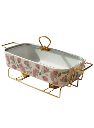 Ceramic Food Warmer ,Ceramic Chafing Dish with Lid &amp; Gold Warming Stand, 12-Inch &acirc;&euro;&ldquo; SD-61211-P