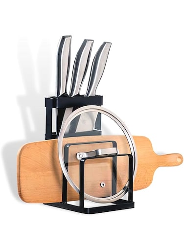 Plate Stand and Kitchen Knife Holder, Knife Rack Block Organizer for kitchen Tools, Countertop 3 in 1 knife/ cutting chopping board/Pot Lid Metal Holder