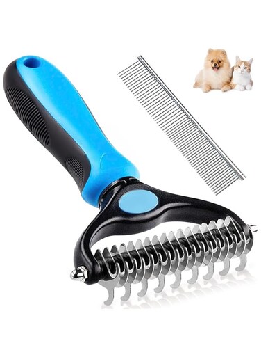 HBSTUDIO Pet Grooming Brush and Metal Comb Combo, Cat Brush Dog Brush for Shedding, Undercoat Rake for Dogs Grooming Supplies, Dematting Deshedding Brush Dogs Shedding Tool for Long matted Haired Pets