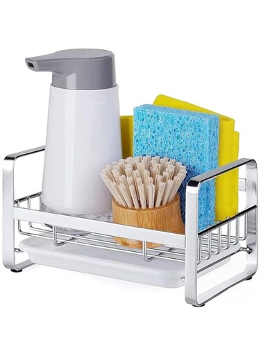 HOOTO Sponge Holder for Kitchen Sink With Removable Drip Tray Stainless Steel Kitchen Sink Caddy for Organizing Sponge, Brush, Kitchen Sink Organizer Rack with Adhesive or Counter Top Silver