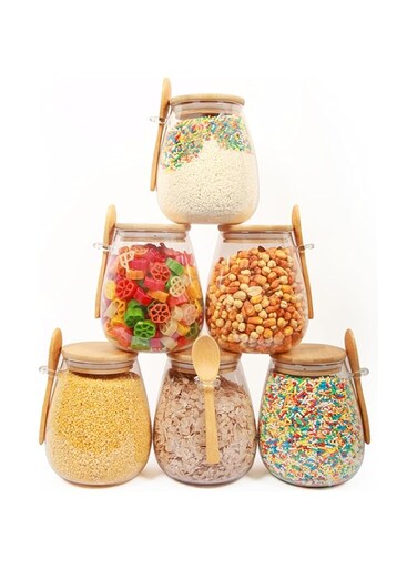 ELONSEY Glass Storage Jars with Airtight Bamboo Spoon and lids 20.28 Oz, Food Storage Jars 600Ml, Cookie Jars for Tea Coffee Beans Jellies, Glass Kitchen Storage Jars (600ML-Set of 6)