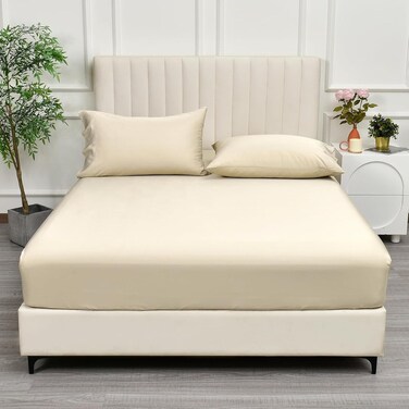 100% Rayon Derived from Bamboo Cooling Fitted Sheet in Queen Size (150cm x 200cm), 40cm Deep Pocket, 2.5cm Wider Strong Elastic, Silky Smooth, Natural