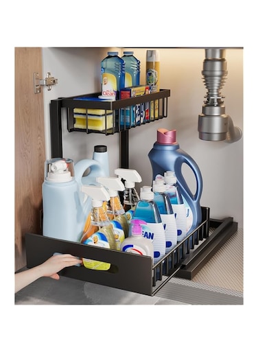 Sagreeny Under Sink Organizer, 2-Tier Under Kitchen Bathroom Sink Organizers and Storage No Drilling Rustproof Stainless Steel Pull Out Shelf for Kitchen Bathroom