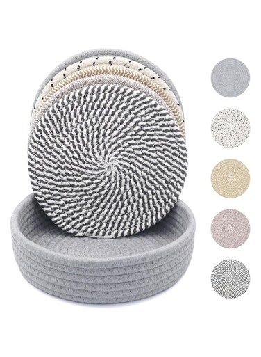 KITLAB 8 Inch Trivets for Hot Dishes, Hot Pots and Pans, Thick Heat Resistant Large Coaster, Multifunctional Hot Pads for Table &amp; Countertop with Storage Basket, 5 Pcs, KTLBY29-1