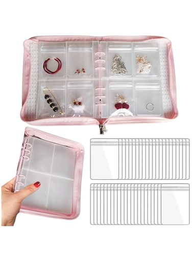 Oasisgalore Transparent Jewelry Storage Book Jewelry Plastic Zipper Bag Travel Storage Bag Portable Pocket Folding Travel Album Zipper Bag,Suitable for Earrings,Bracelets,Rings,Brooches (Pink)