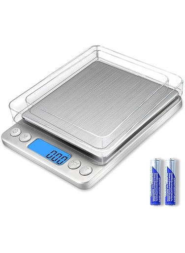Nabelisen Grams Scale Ounce Mini Scale, 3000g by 0.1g Accuracy, Digital Food Kitchen Durable Scale for Baking,Jewelry, Herbs, Seasoning,9 Units Conversion,Tare Function, Trays Included,Silver