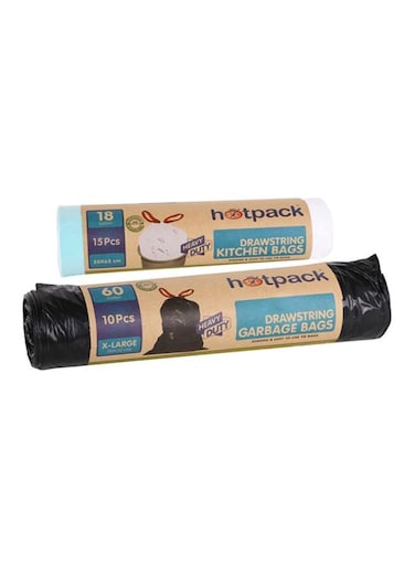 Combo Offer Pack 10-Piece Heavy Duty Drawstring Garbage Roll Black X-Large 90x110cm 60 Gallon+15-Piece Heavy Duty Drawstring Garbage Roll White 55x65cm 18 Gallon Black 90x110cm