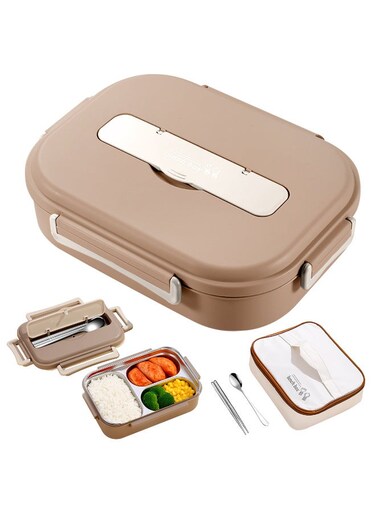 Lunch Box,1200ml Stainless Steel Bento Box,Versatile 3-Compartment Portable Lunch Box Container-Salad Lunch Containers for Adults/Kids with Chopsticks Spoon Thermos Bag Accessories (Khaki)