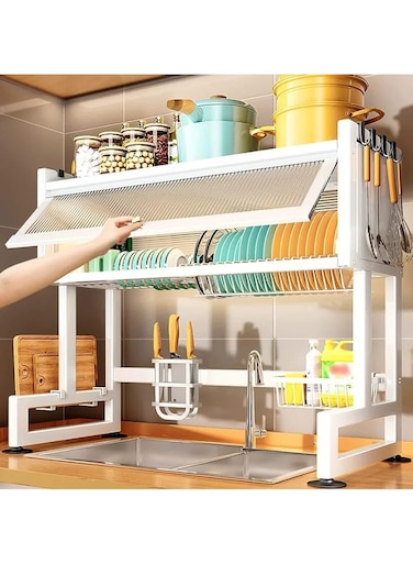 Dish Rack Organizer Stainless Steel with Doors Over Sink Dish Drying Rack Storage Rack Kitchen Dish Drainer Nonslip Kitchen Multipurpose Rack Dust-Proof