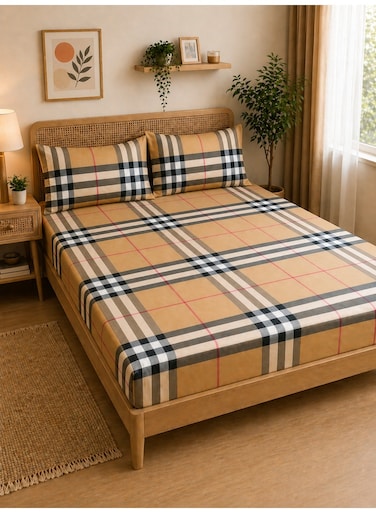 3-Piece Fitted Bedsheet Set, Tartan Plaid / Check Pattern, 100% Cotton, 125 GSM, 1 Fitted Sheet + 2 Pillowcases &acirc;&euro;&ldquo; Available in King, Queen and Single Sizes