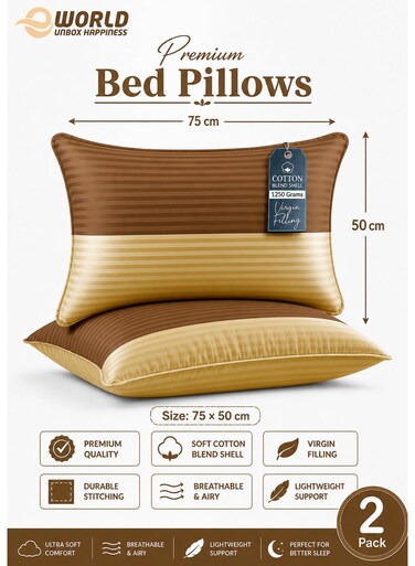 Pack of 2 Down Alternative Bed Pillows, 1250g Fill, Cotton Blend Cover, Hotel Quality, 50x75cm, Brown-Gold