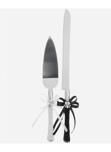 Wedding Cake Knife &amp; Spatula Server Set &acirc;&euro;&ldquo; Stainless Steel, Black &amp; White Handle