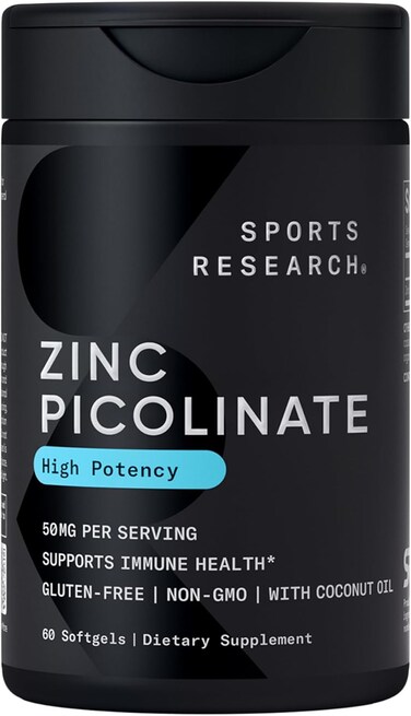 Sports Research Zinc Picolinate 50Mg With Organic Coconut Oil, Highly Absorbable Zinc Supplement For Healthy Immune Function - Non-GMO Verified, Gluten &amp; Soy Free (60 Liquid Softgels)