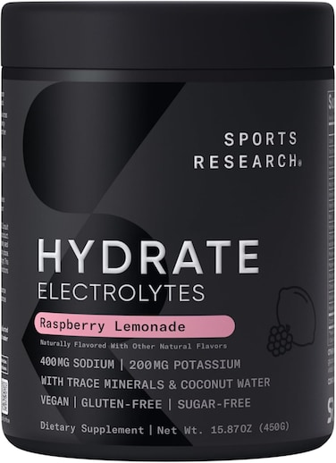 Sports Research Hydrate Electrolytes Powder - Sugar-Free &amp; Naturally Flavored With Vitamins, Minerals, And Coconut Water - Supports Hydration - Raspberry Lemonade - 90 Servings