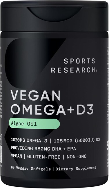 Sports Research Vegan Omega-3 With Vitamin D3 Softgels - 630Mg Epa+Dha &amp; 125Mcg D3 Supplement - Fish Oil Alternative W/Vitamin D - Plant-Based Support From Algae Oil - 60 Veggie Capsules For Adults