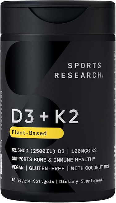 Sports Research Vitamin D3 + K2 W/Coconut Oil - Vegan Vitamin D 2500 IU &amp; Mk7 Vitamin K 100Mcg For Bone &amp; Immune Support - Vegan Certified &middot; Non-GMO &middot; Soy Free - 60 Softgels