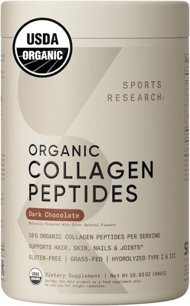 Sports Research Organic Collagen Powder - Hydrolyzed Type I &amp; Iii Collagen Protein - Usda Organic, Gluten Free, Sustainably Sourced - Dark Chocolate - 30 Servings