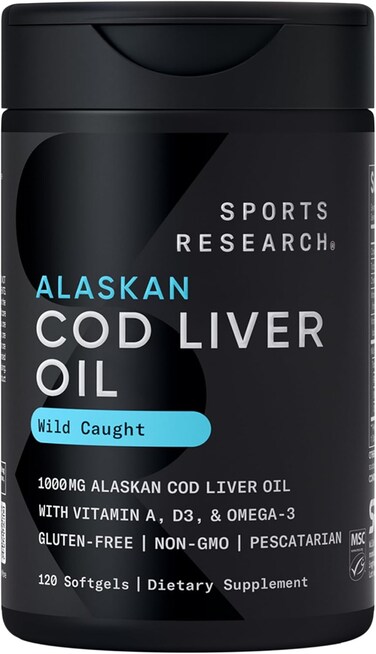 زيت كبد سمك القد البري من ألاسكا، غني بأوميغا 3 سبورتس ريسيرش، بتركيز 1000 ملغ، مع فيتامينات أ (1000 وحدة دولية) ود3 (400 وحدة دولية) 120 كبسولة هلامية