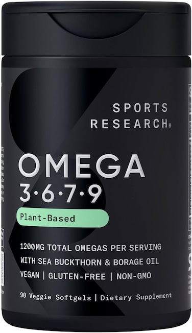 Sports Research Vegan Omega 3-6-7-9 - 1200 Mg Of Multi-Spectrum Omega Fatty Acids Certified Non-GMO Formula With Sea Buckthorn &amp; Borage Oil - 90 Veggie Softgels